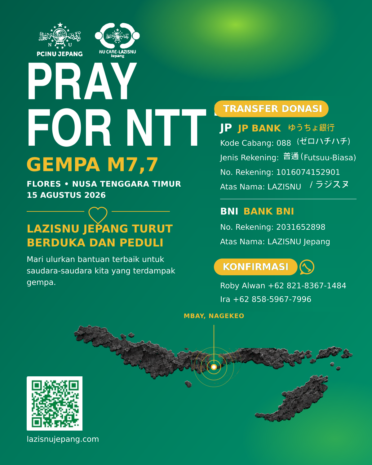 Poster penggalangan bantuan gempa NTT oleh PCINU dan NU Care–LAZISNU Jepang